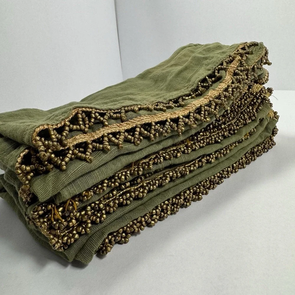 Boho Chic Olive Green Linen Dinner Napkins Antique Gold Glass Seed Bead Trim X5